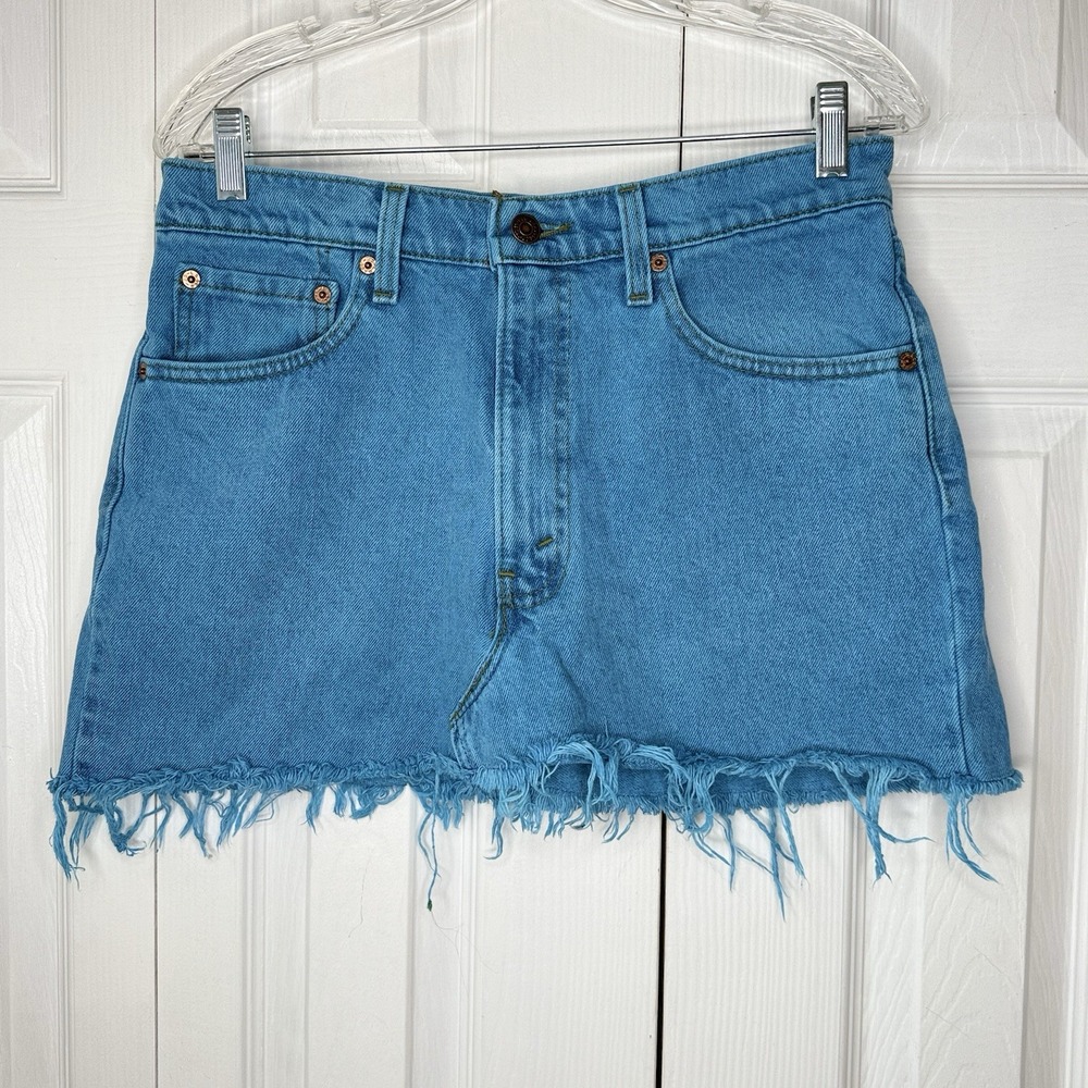 VTG Levis 555 Denim Mini Skirt Made in USA 90s Reworked Cut Off Frayed Blue W31